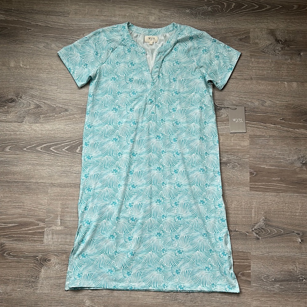 WVN FOR YOU Organic Cotton Teal Seashell Print Reef Waters Anya Shirt Dress NWT
